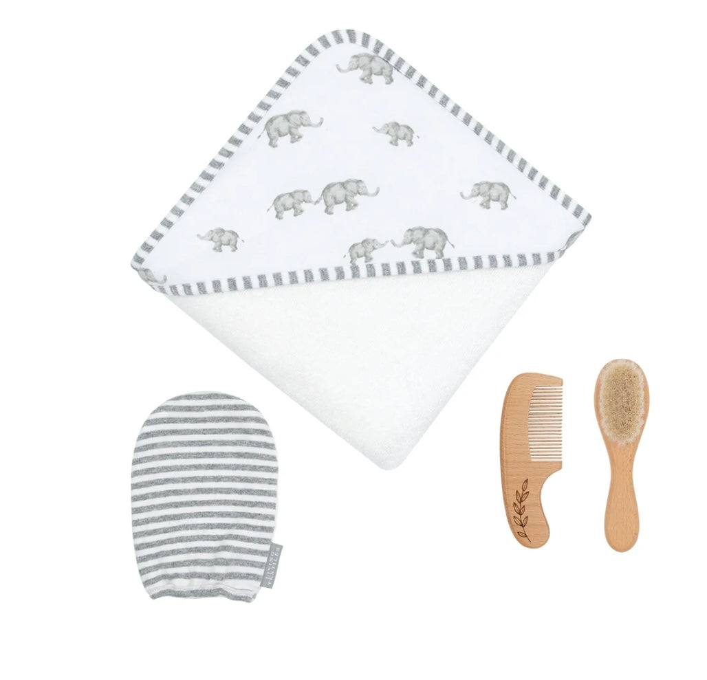 4pc Baby Bath Gift Set - Grey Elephants/ Stripes