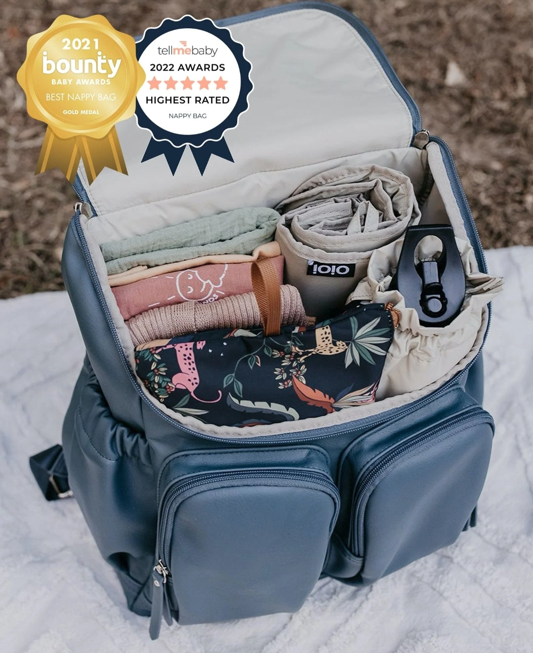 OiOi Vegan Leather Nappy Backpack - Stone Blue