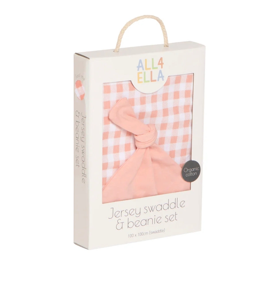 All4Ella - Organic Jersey Swaddle & Beanie Set - Gingham Strawberry