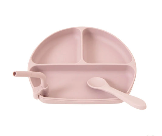 All4Ella - Silicone Plate With Straw & Spoon - Dusty Rose