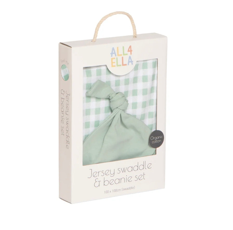 All4Ella - Organic Jersey Swaddle & Beanie Set - Gingham Sage