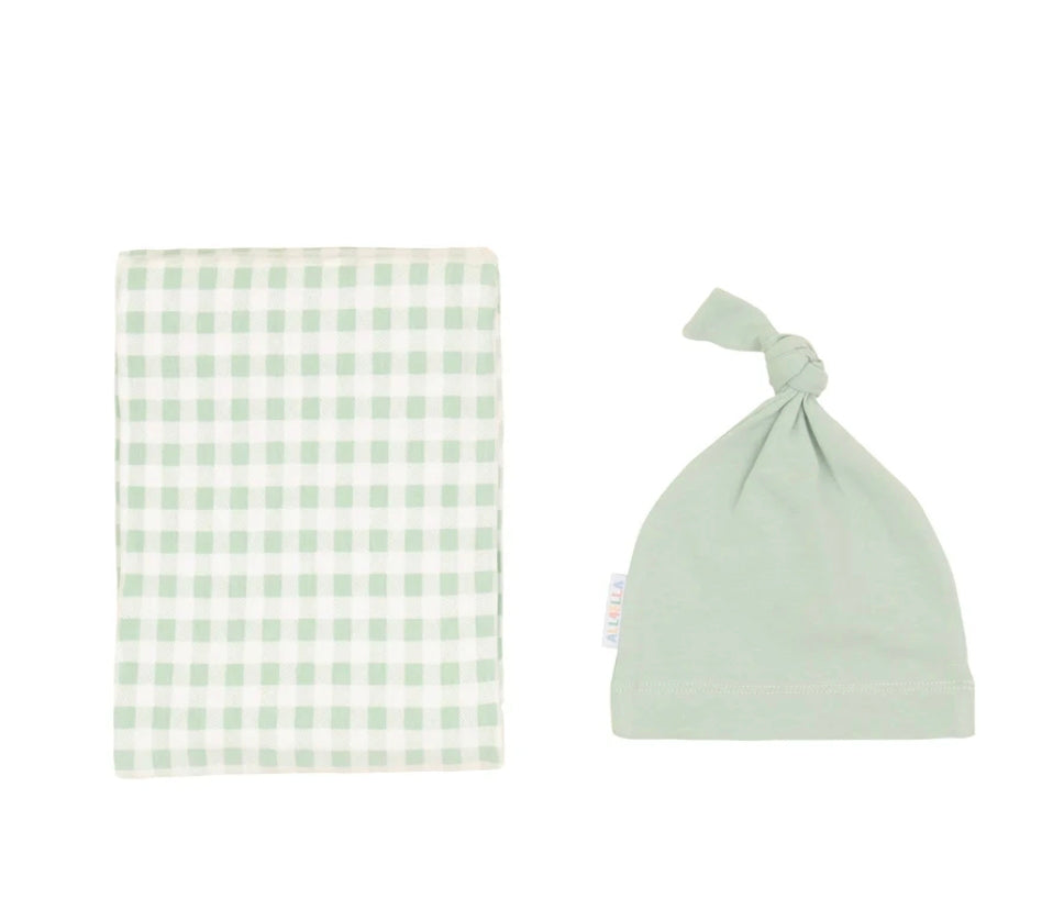 All4Ella - Organic Jersey Swaddle & Beanie Set - Gingham Sage