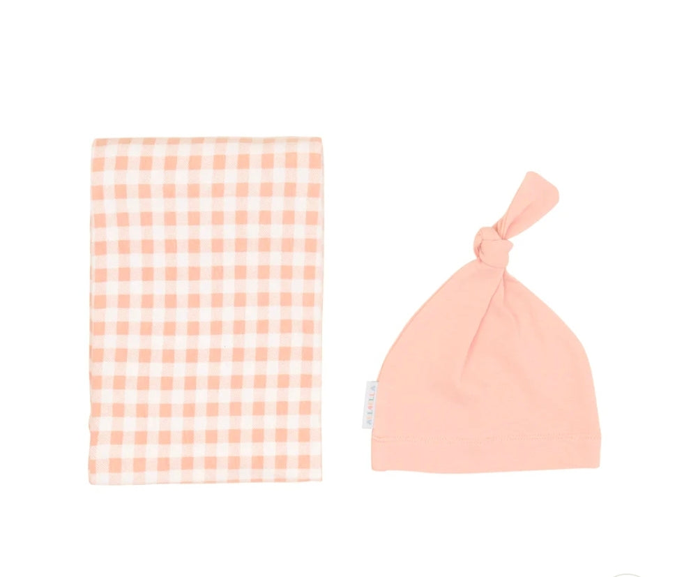 All4Ella - Organic Jersey Swaddle & Beanie Set - Gingham Strawberry