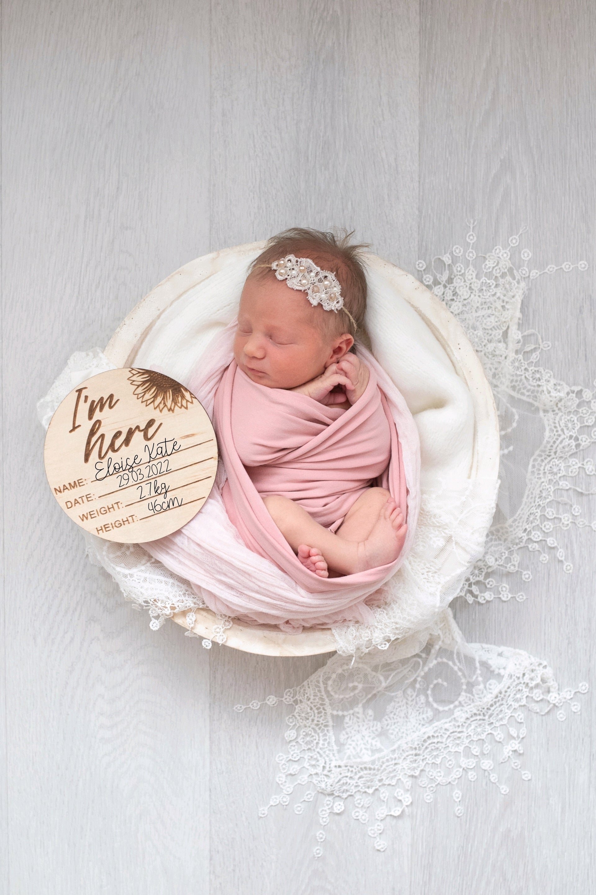 "I’m here" wooden birth disc - sunflower