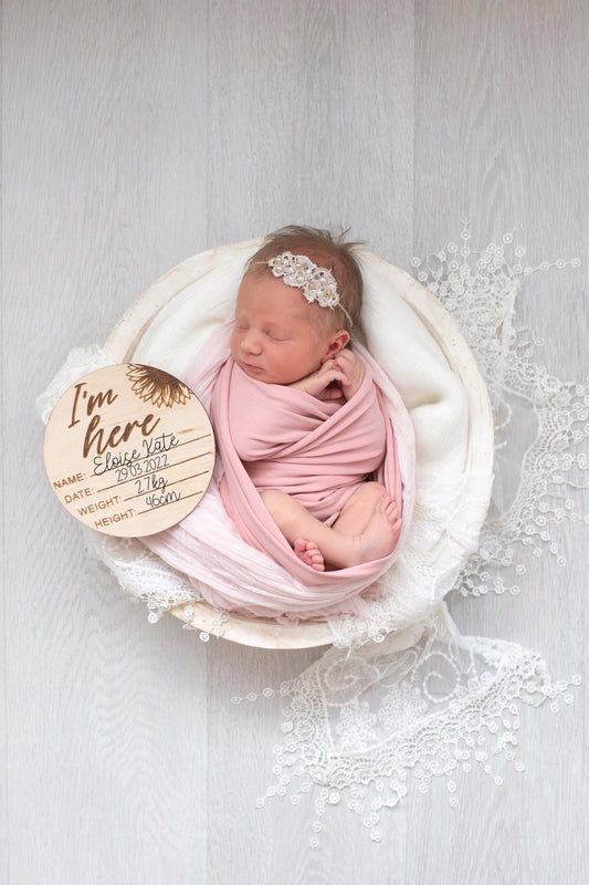 "I’m here" wooden birth disc - sunflower
