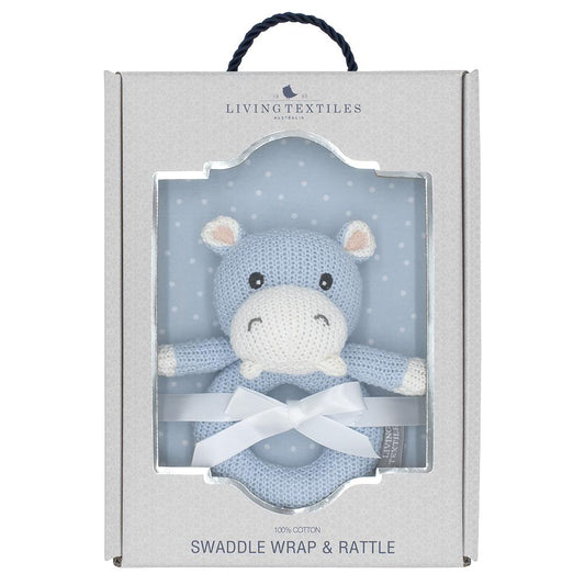 Jersey Swaddle & Rattle Gift Set - Dots/Hippo