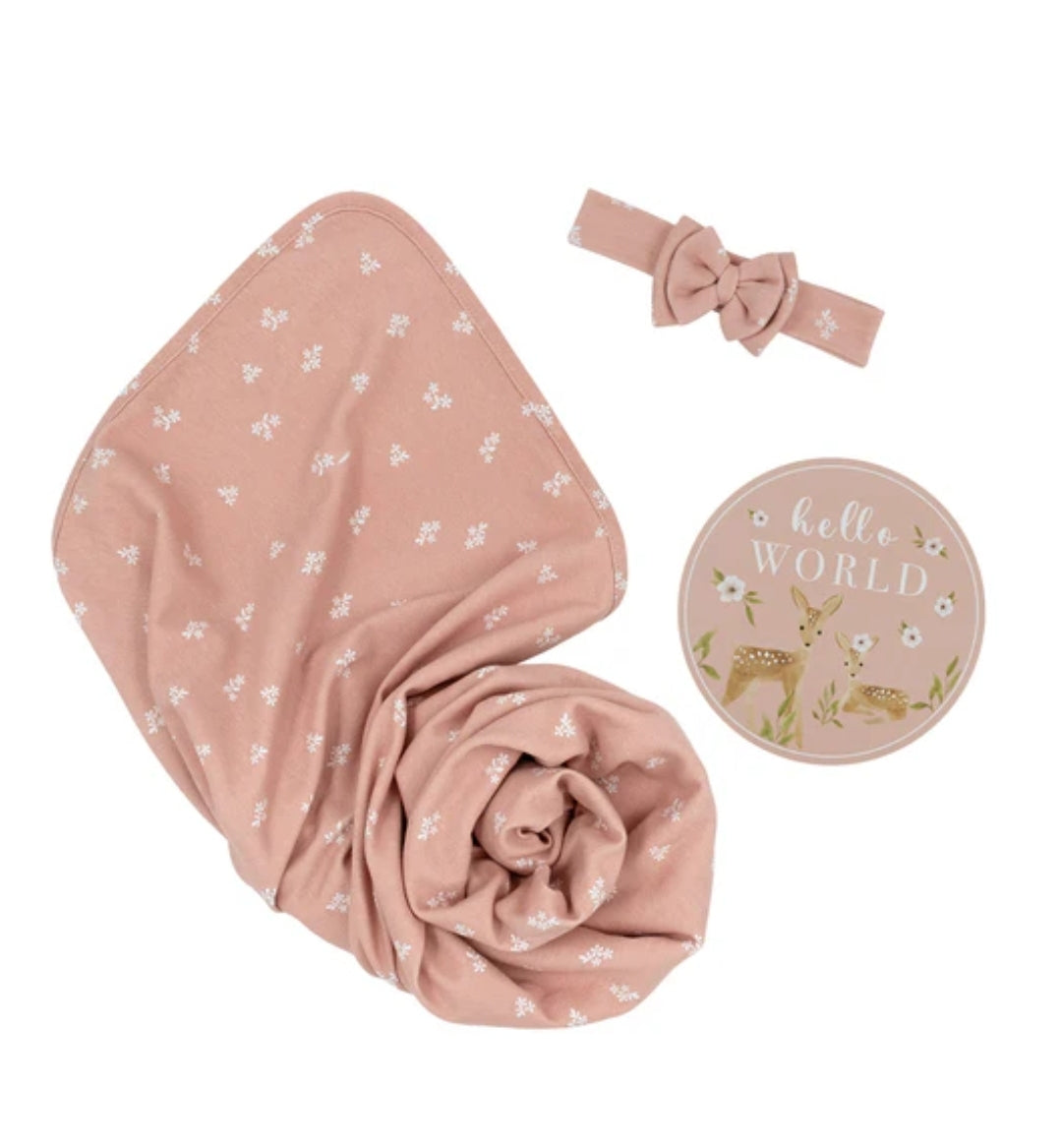 Hello World Newborn Gift Set - Dusty Rose Flowers