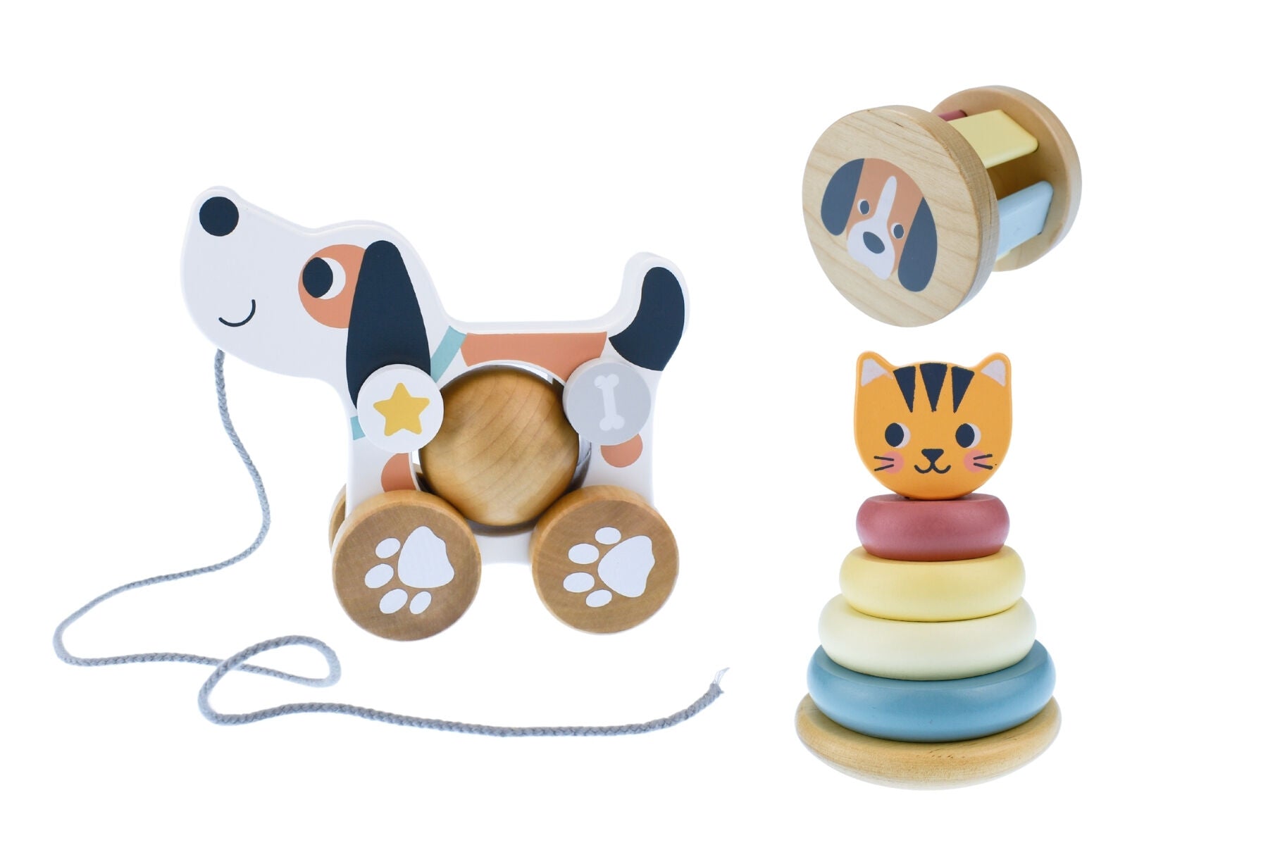 Tooky Toy - 3 in 1 Wooden Baby Rattle Gift Set - Cat & Puppy