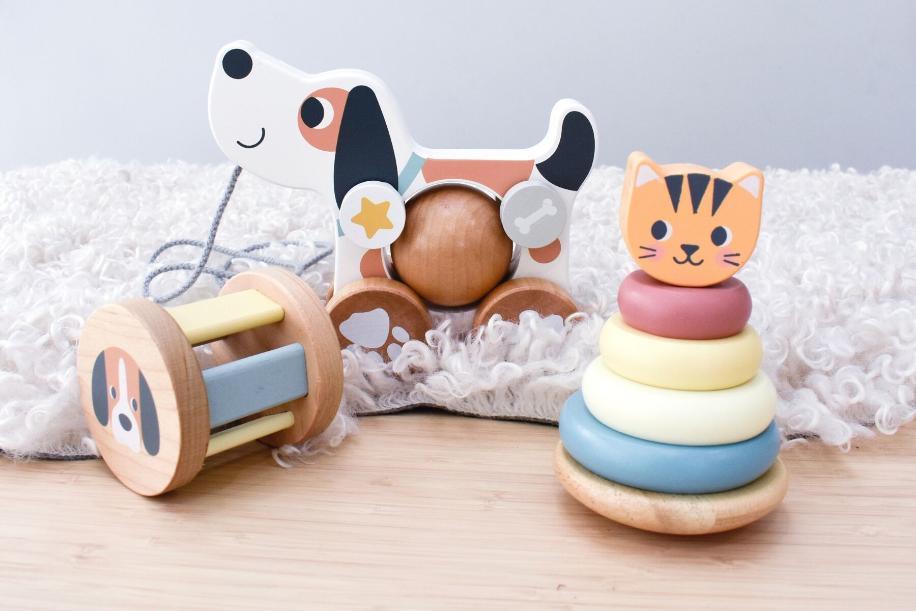 Tooky Toy - 3 in 1 Wooden Baby Rattle Gift Set - Cat & Puppy