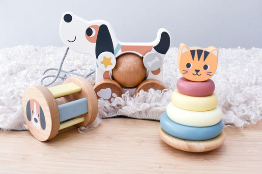 Tooky Toy - 3 in 1 Wooden Baby Rattle Gift Set - Cat & Puppy