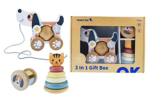 Tooky Toy - 3 in 1 Wooden Baby Rattle Gift Set - Cat & Puppy