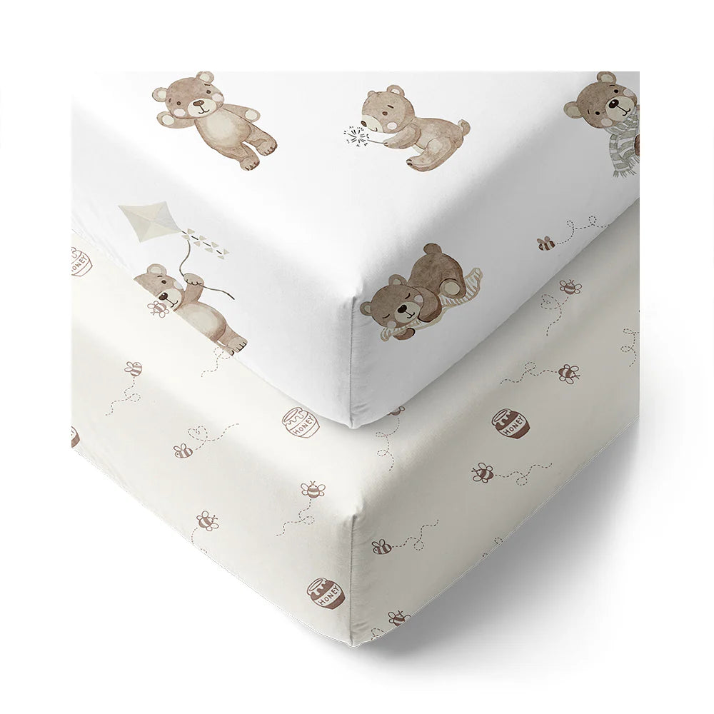 Living Textiles - 2 Pack - Cot Organic Cotton Fitted Sheets - Cuddly Bear