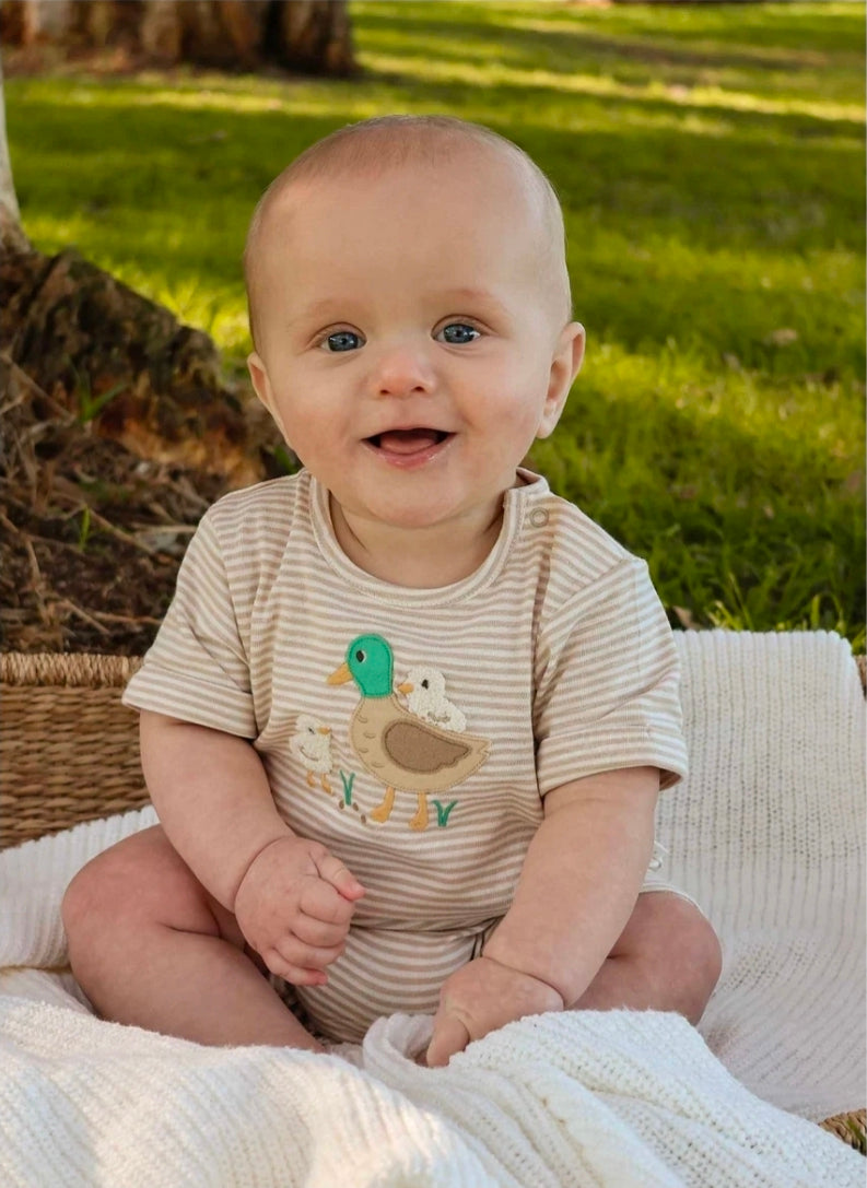 Purebaby - Short Growsuit - Oatmeal Stripe
