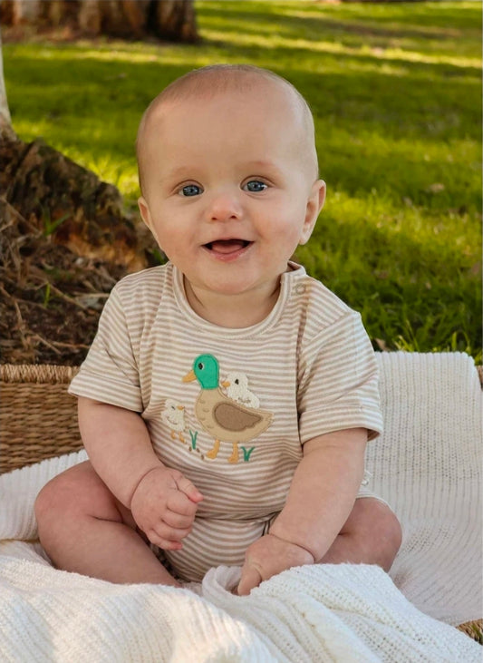 Purebaby - Short Growsuit - Oatmeal Stripe