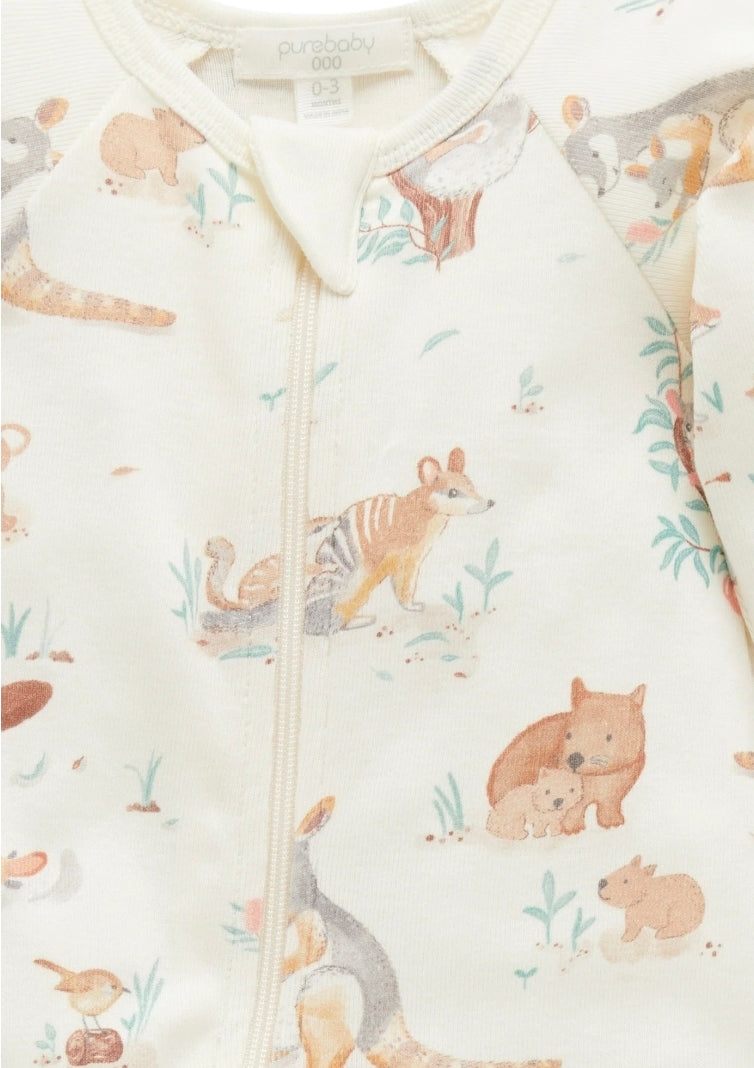 Purebaby - Bush Babies Zip Growsuit & Reversible Bib Set