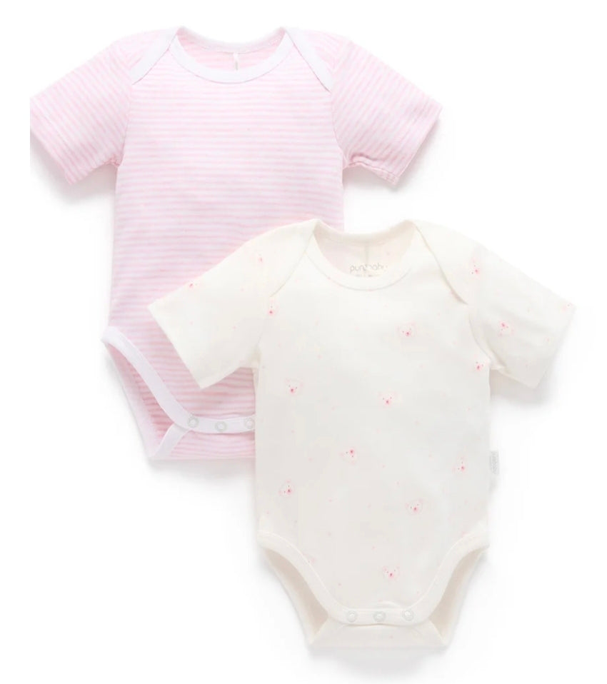 Purebaby - Easy Neck S/S Bodysuit 2pk - Pale Pink Bear
