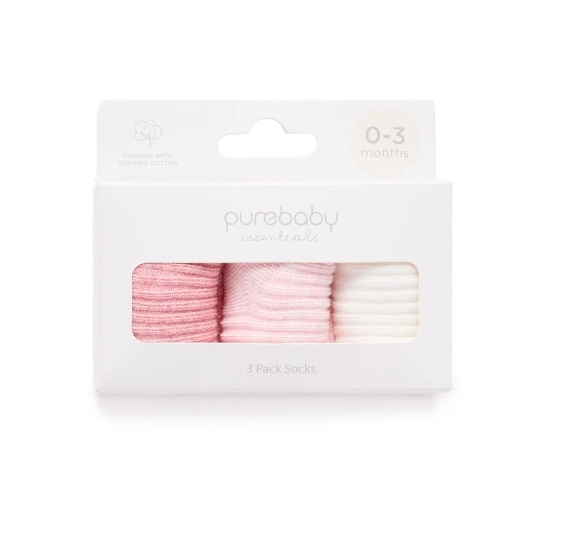 Purebaby - 3Pk Rib Sock - Pale Pink
