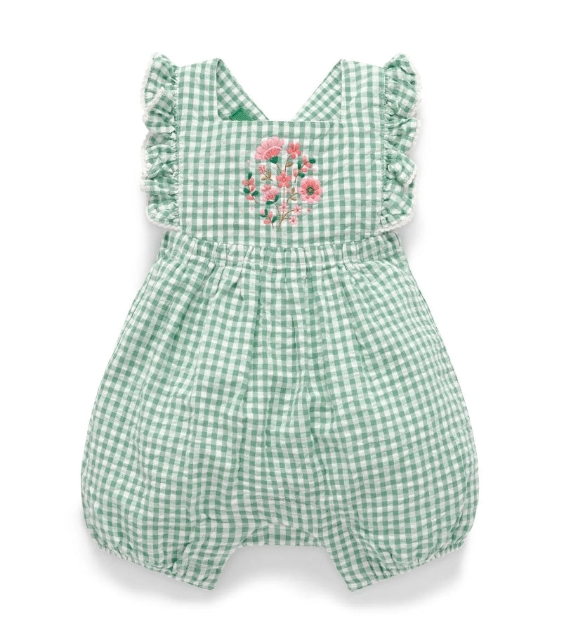 Purebaby - Gingham Romper Iguana