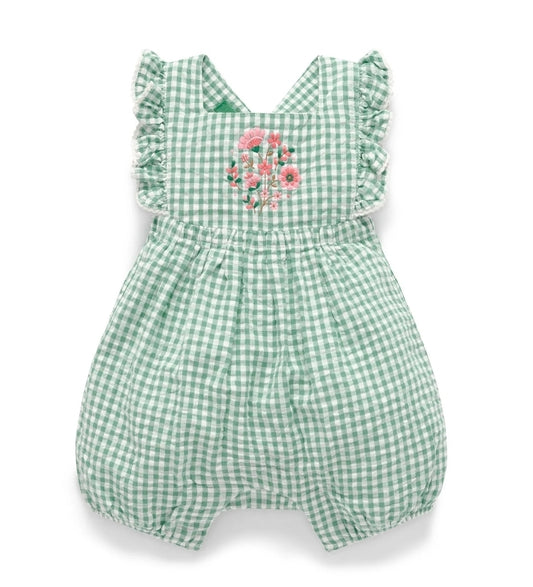 Purebaby - Gingham Romper Iguana