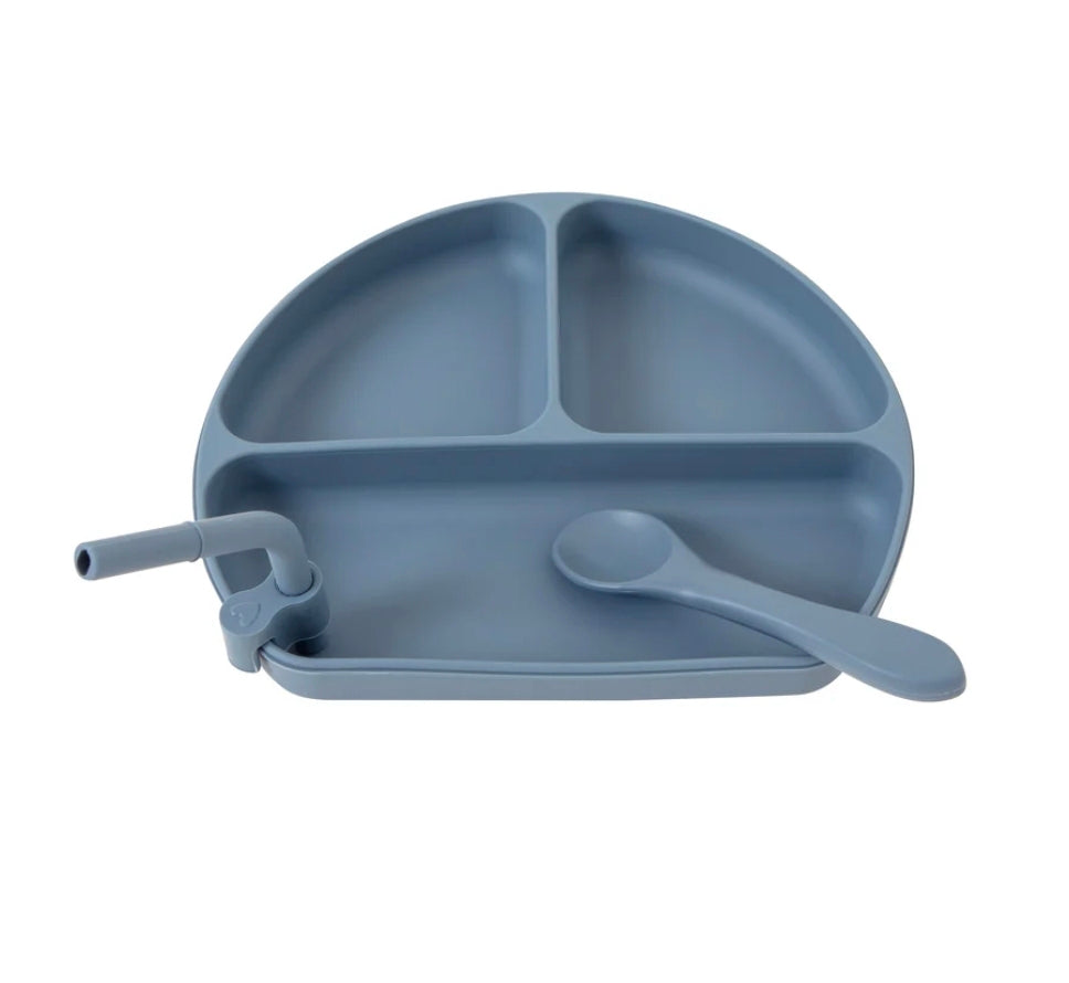 All4Ella - Silicone Plate With Straw & Spoon - Slate Blue