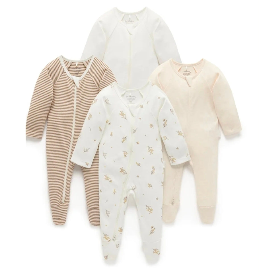 Purebaby - Zip Growsuit 4pk - Vanilla Wattle