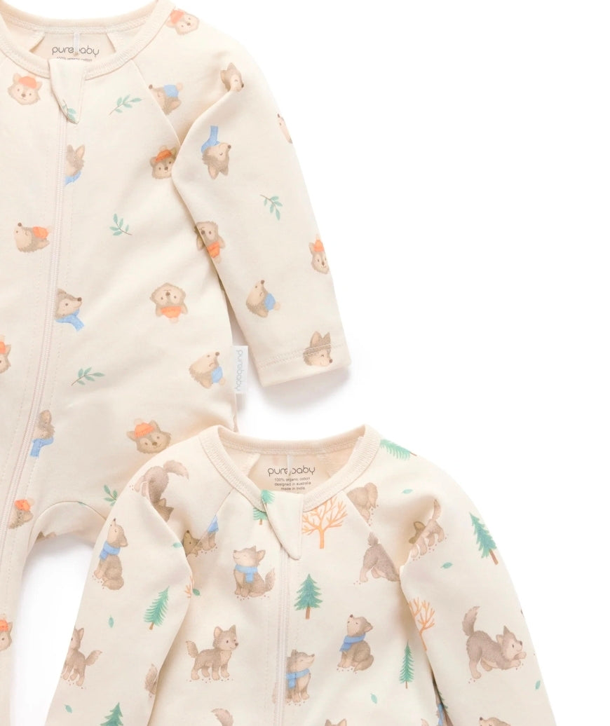 Purebaby - 2 Pack Zip Growsuit - Wolf Cub