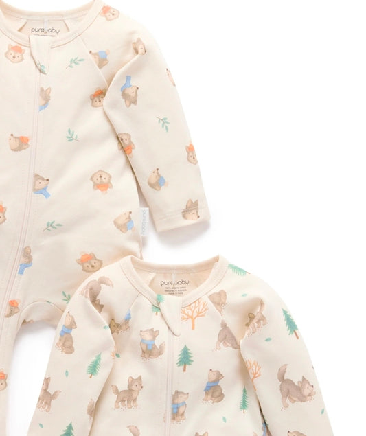 Purebaby - 2 Pack Zip Growsuit - Wolf Cub