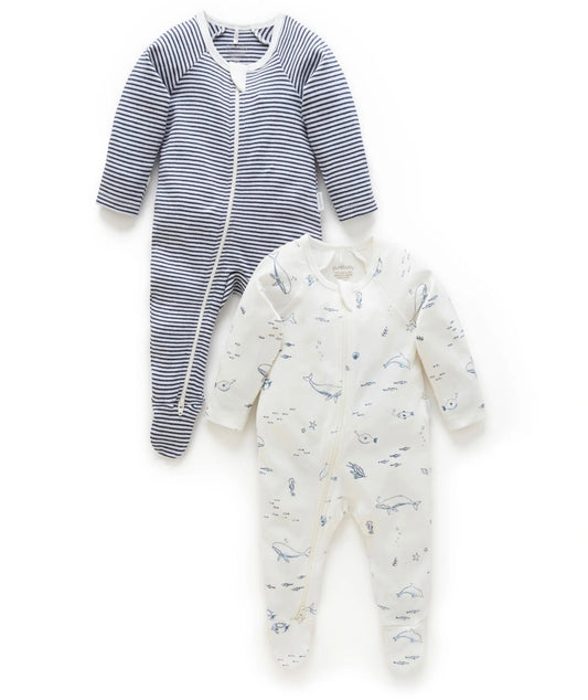 Purebaby - 2pk Zip Growsuit - Vanilla/Nautical