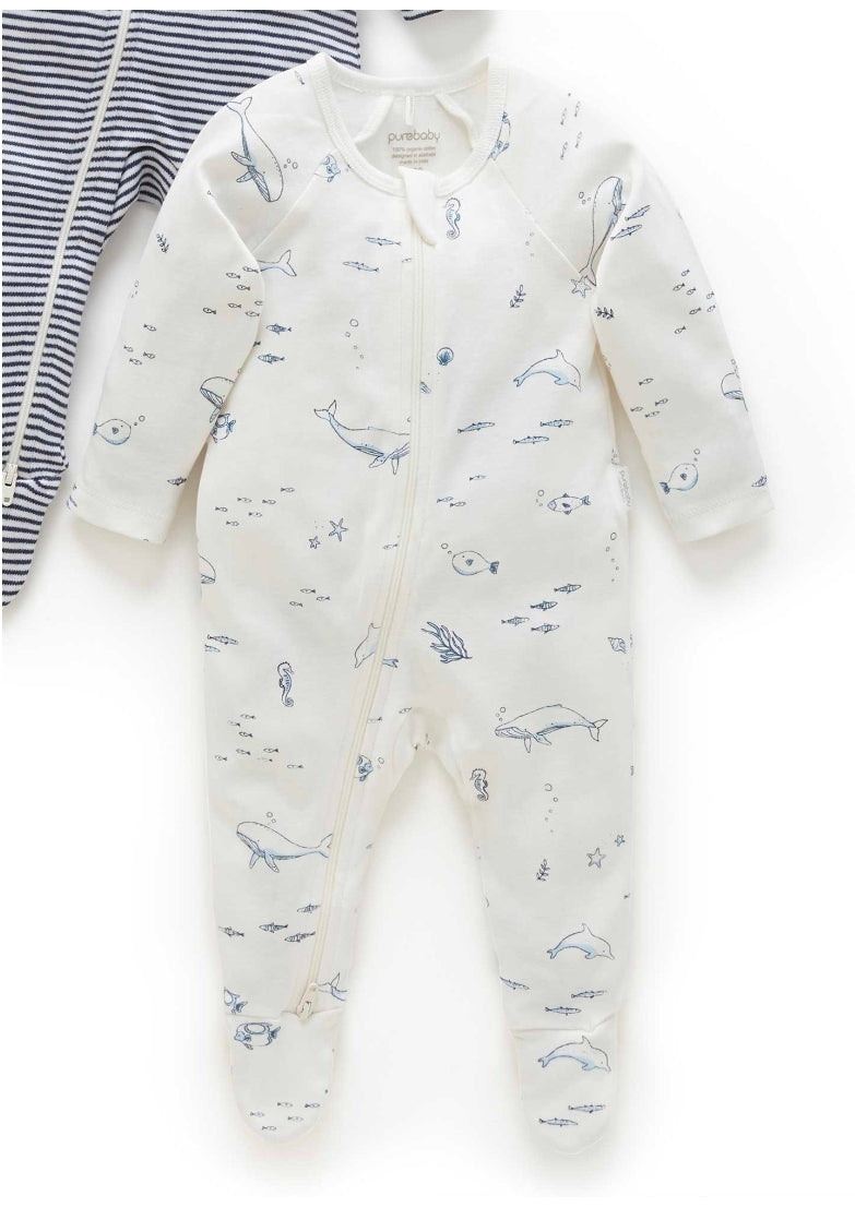 Purebaby - 2pk Zip Growsuit - Vanilla/Nautical