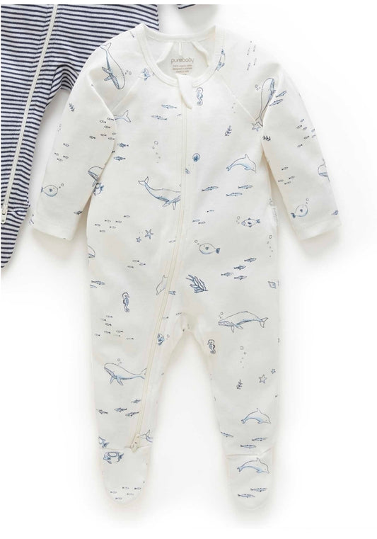 Purebaby - 2pk Zip Growsuit - Vanilla/Nautical