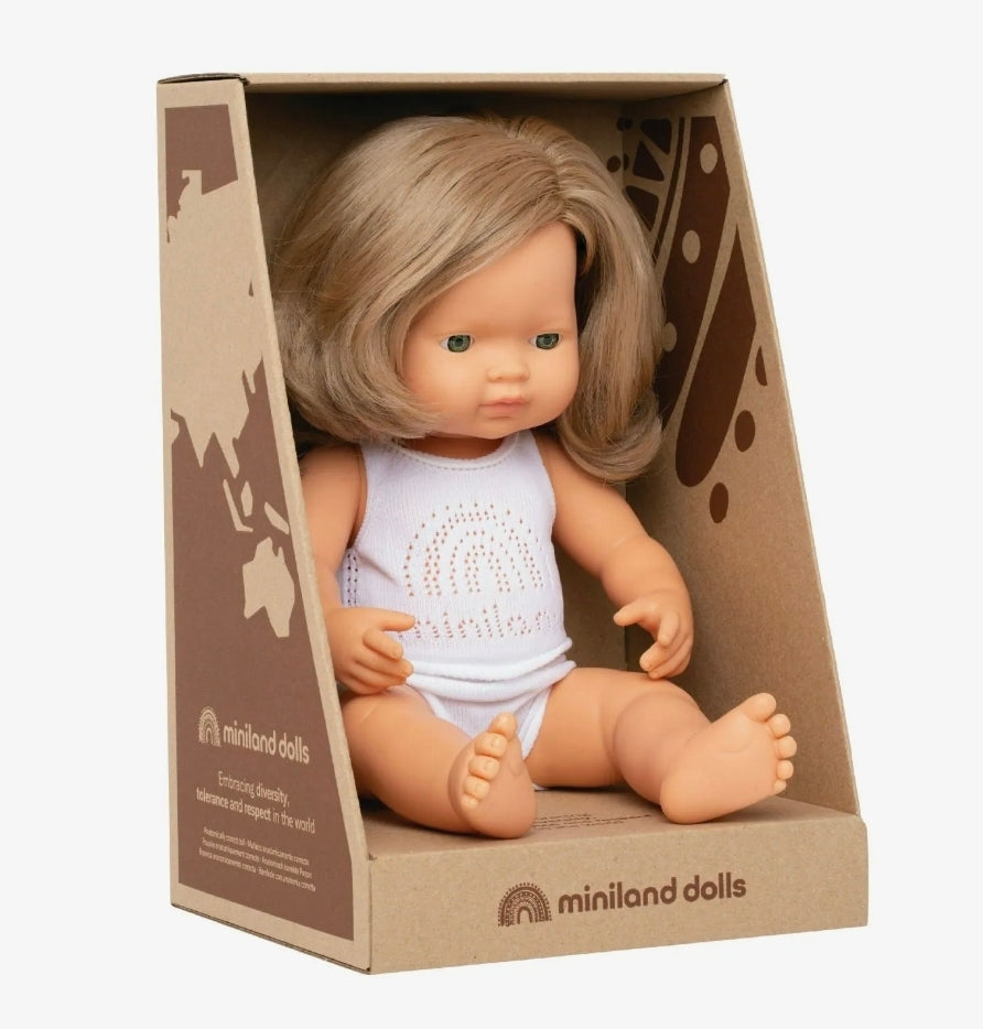 Miniland Doll 38 cm - Caucasian Dark Blonde Girl Baby Doll