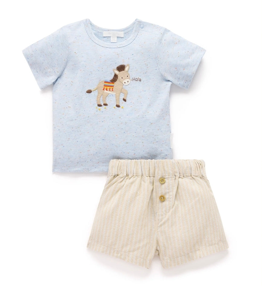 Purebaby - Linen Blend Short & Tee Set - Donkey/Taco Stripe