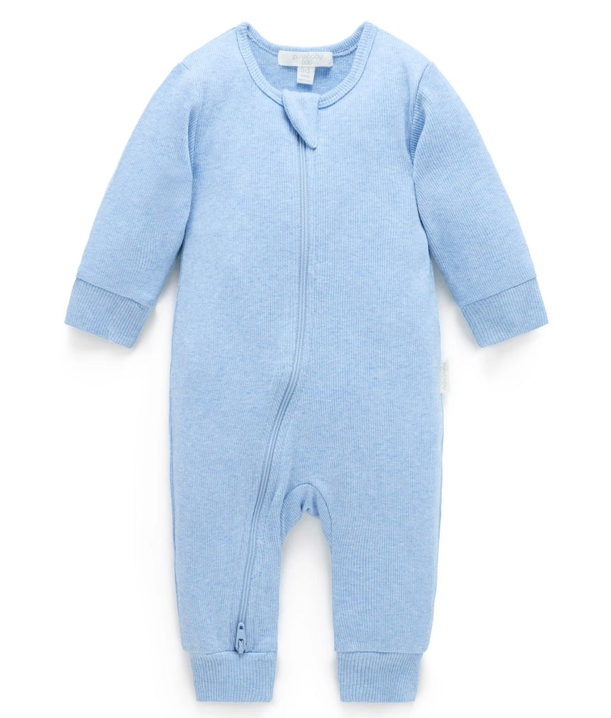 Purebaby - Ribbed Zip Growsuit - Pale Blue Melange