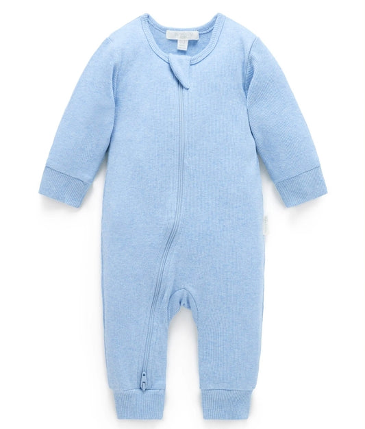 Purebaby - Ribbed Zip Growsuit - Pale Blue Melange