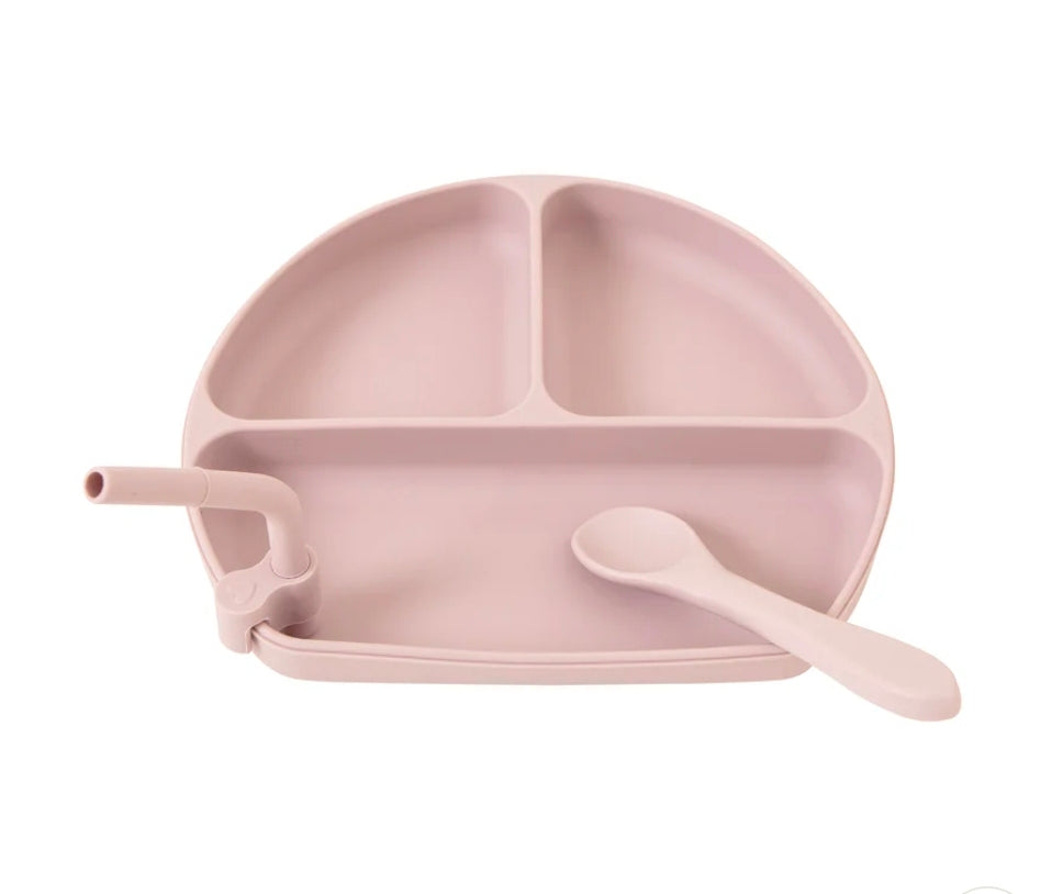 All4Ella - Silicone Plate With Straw & Spoon - Dusty Rose