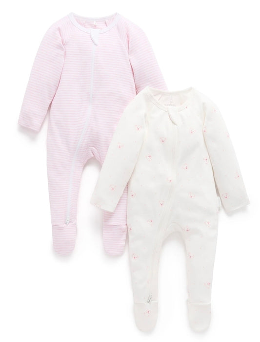 Purebaby - 2pk Zip Growsuit - Pale Pink Bear