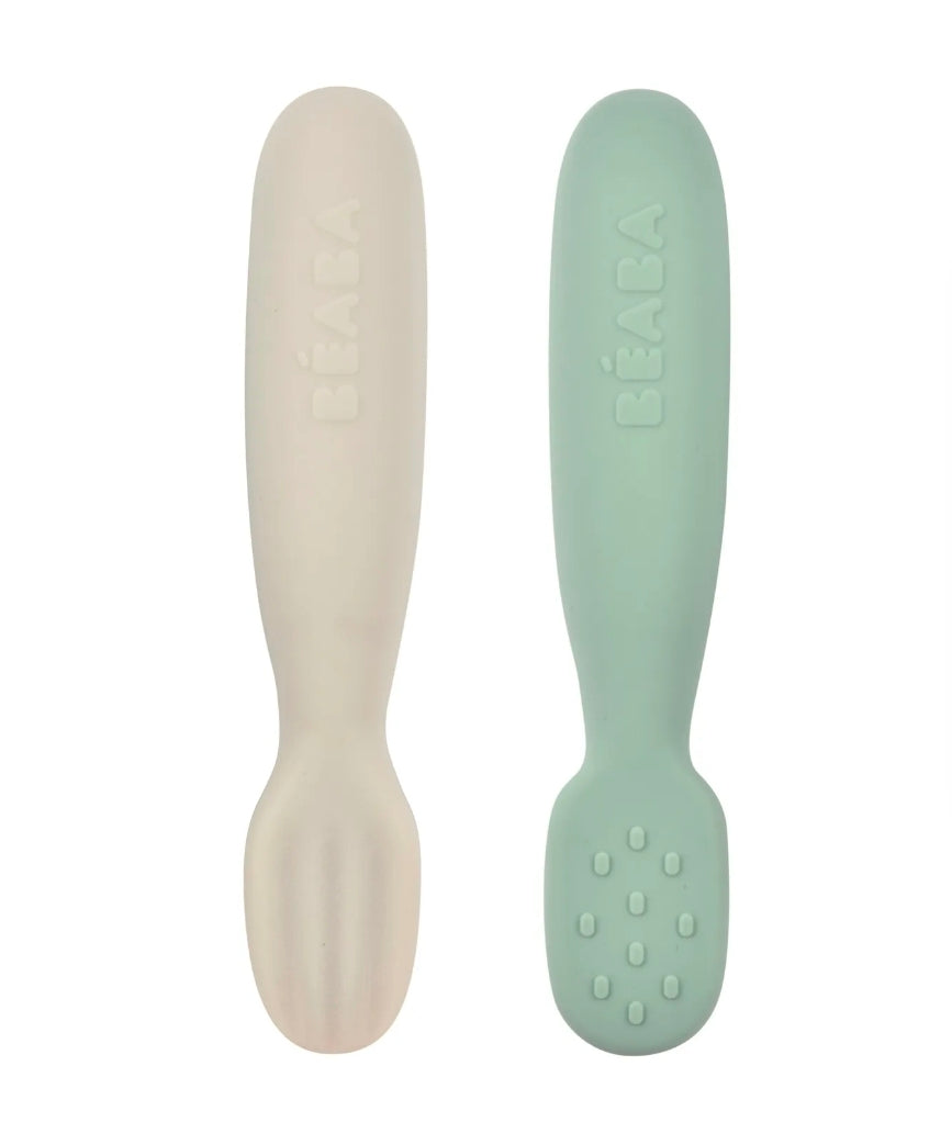 Beaba - Set Of 2 Silicone Pre-spoons - Sage Green/Velvet Grey