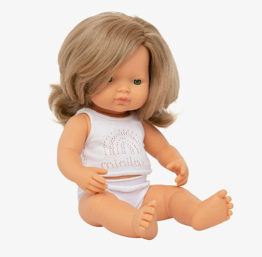 Miniland Doll 38 cm - Caucasian Dark Blonde Girl Baby Doll