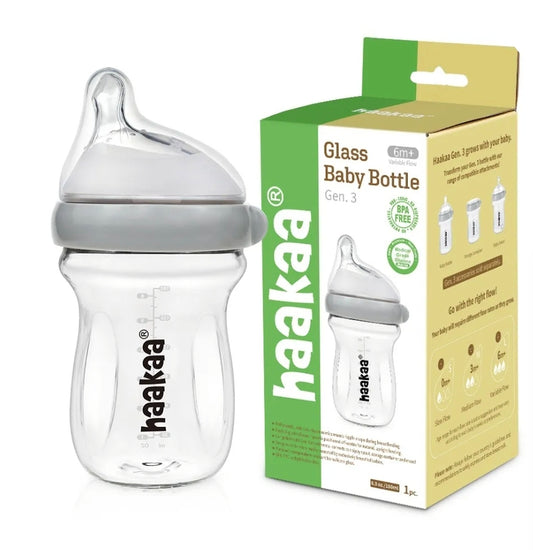 Haakaa - Glass Baby Bottle 180ml - L Variable Teat - Grey