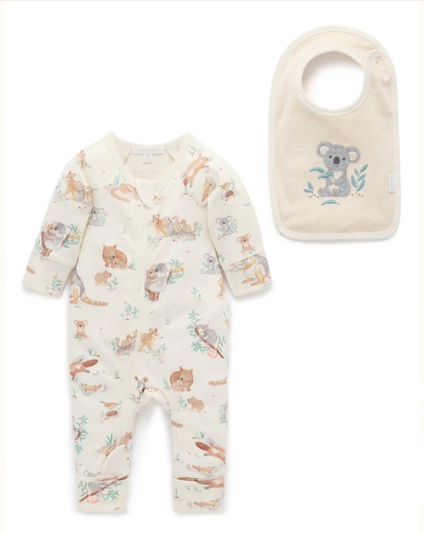Purebaby - Bush Babies Zip Growsuit & Reversible Bib Set