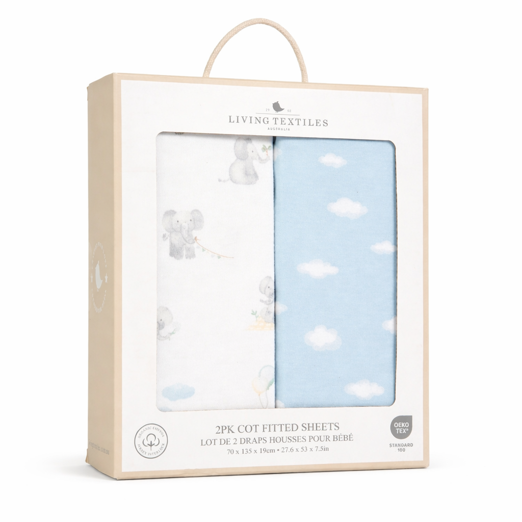 Living Textiles - 2pk Cot Fitted Sheets 100% Cotton - Elephant Playtime
