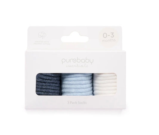 Purebaby - 3Pk Rib Sock - Blue