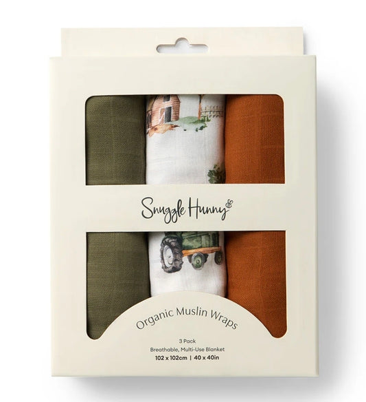 Snuggle Hunny- Large Organic Cotton Muslin Wrap 3Pk - Diggers/Olive/Bronze