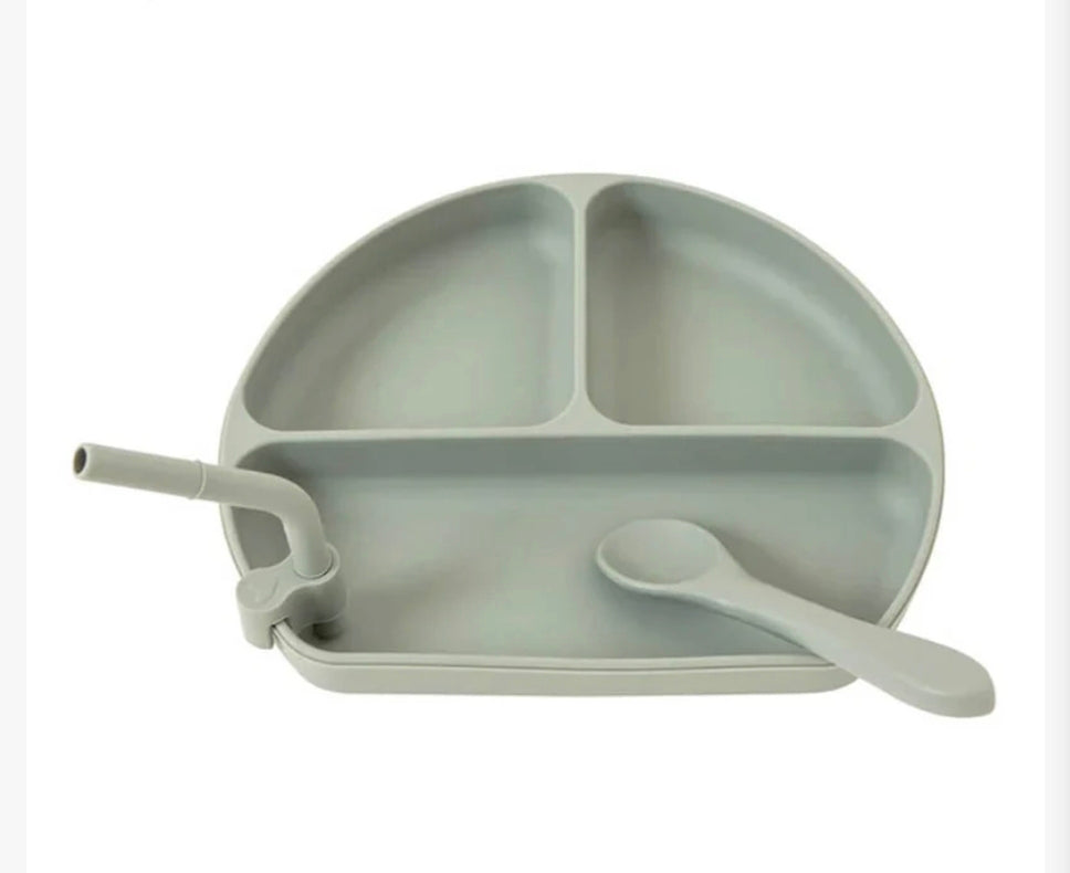 All4Ella - Silicone Plate With Straw & Spoon - Olive