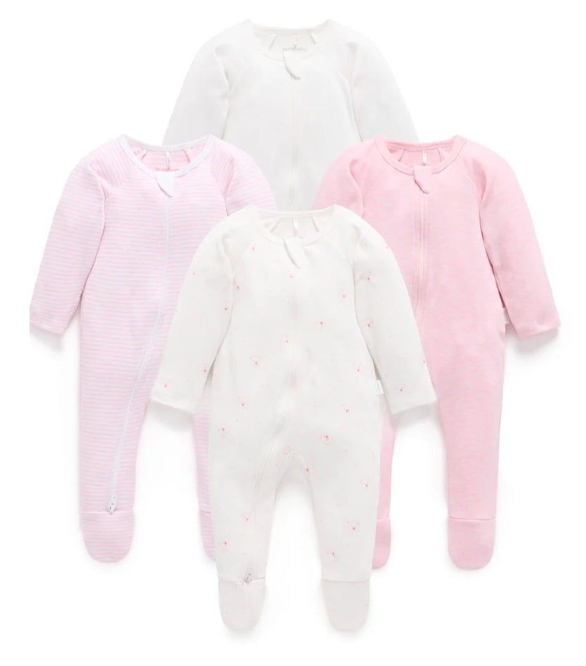 Purebaby - Zip Growsuit 4pk - Pale Pink Bear
