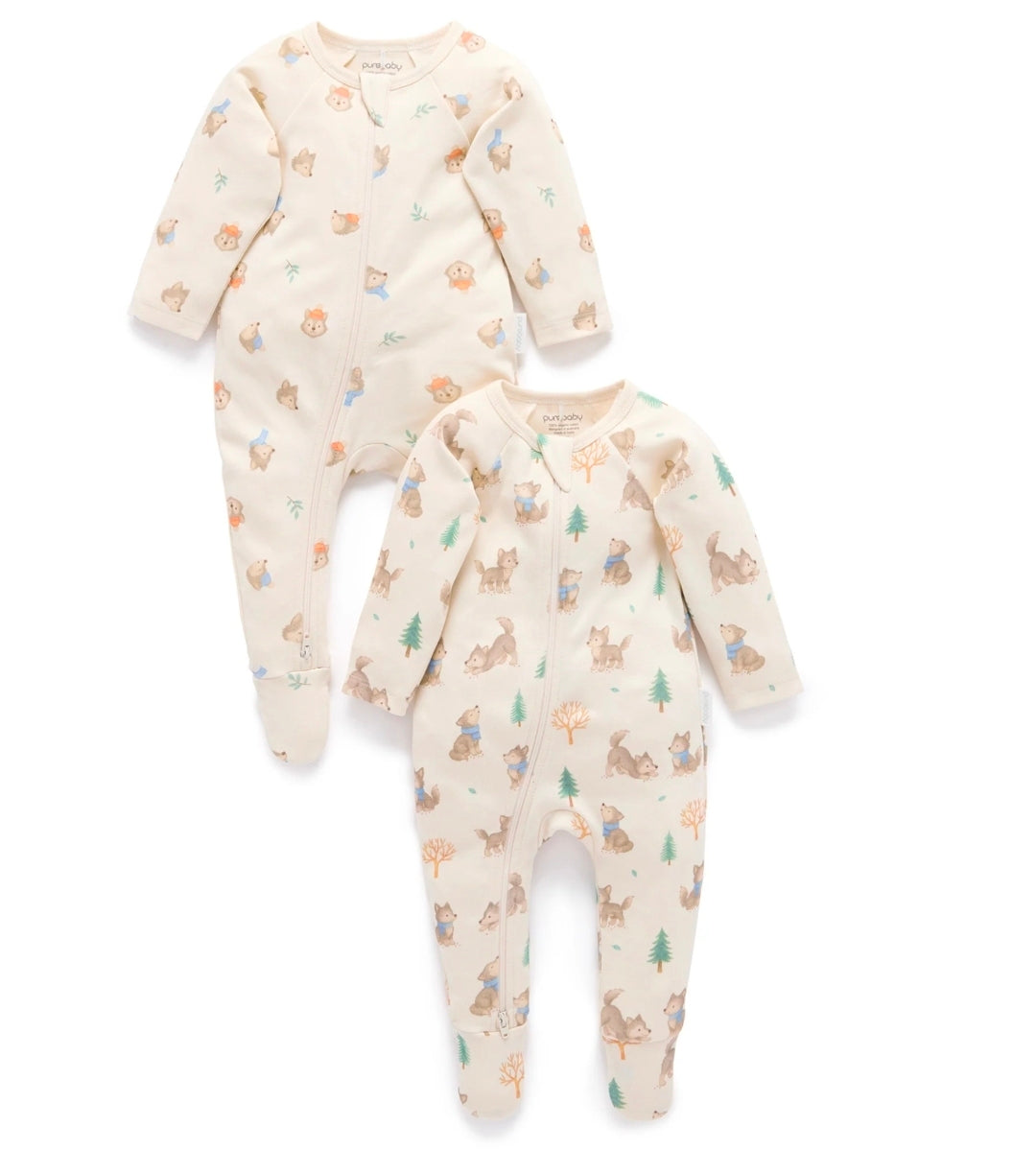 Purebaby - 2 Pack Zip Growsuit - Wolf Cub