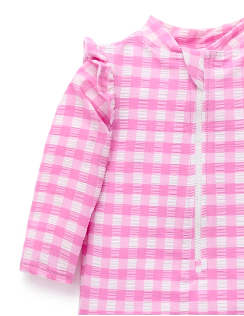 Purebaby - Frilly Long Sleeve Swimsuit - Grape Gingham