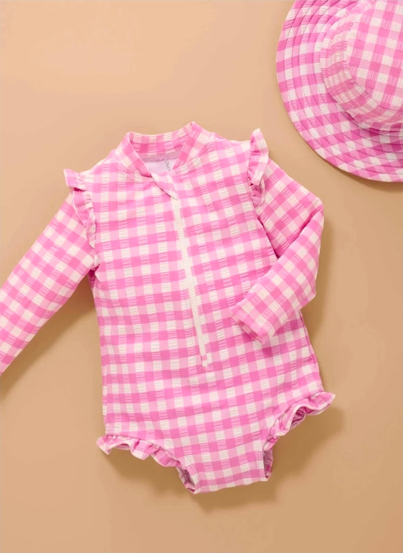 Purebaby - Frilly Long Sleeve Swimsuit - Grape Gingham
