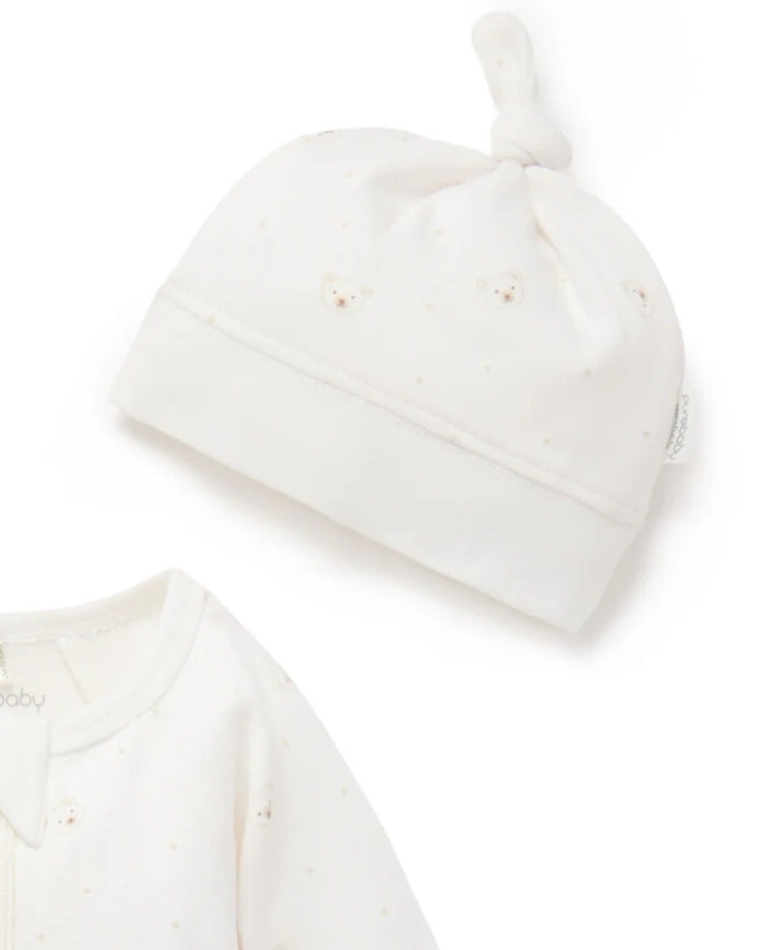 Purebaby - Zip Growsuit & Hat Set - Vanilla Bear