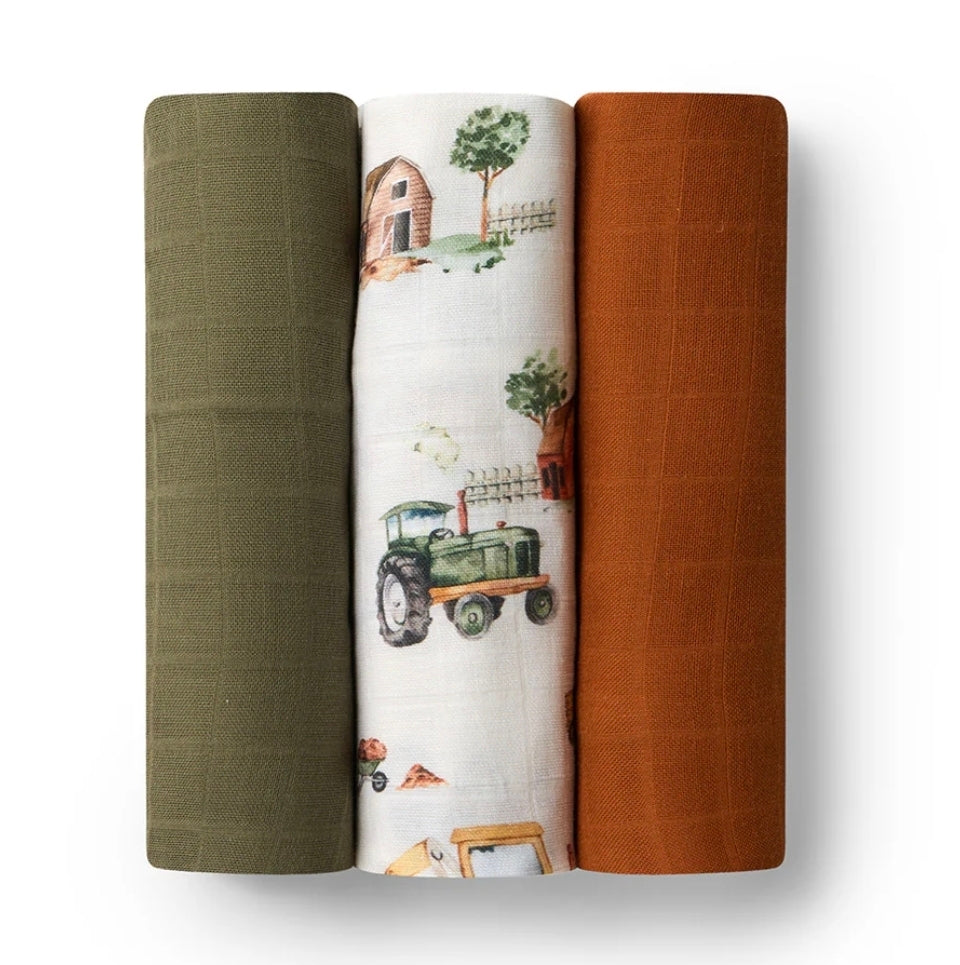 Snuggle Hunny- Large Organic Cotton Muslin Wrap 3Pk - Diggers/Olive/Bronze